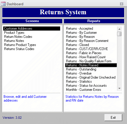 Returns database navigation screen