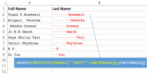 Excel's TRIM, RIGHT SUBSTITUTE, REPT and LEN functions in singel formula