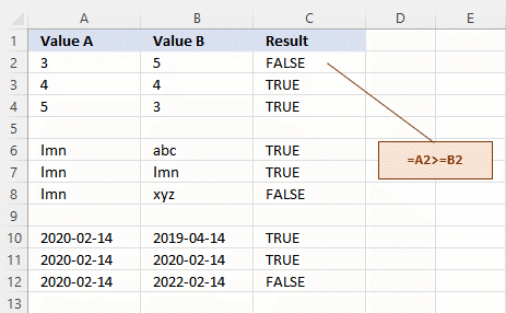 Excel greater-than or equal-to formula