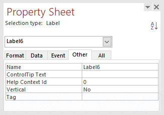 Access database form label property sheet