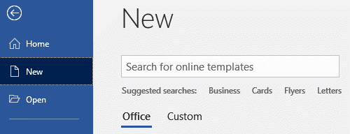 New document screen in Microsoft Word