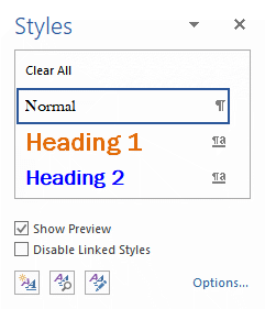 Word document Display Styles pane