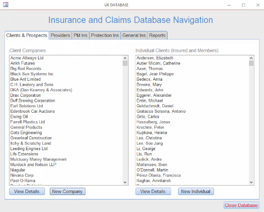 Custom insurance database navigation screen